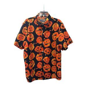 Halloween Button Up Short Sleeve Shirt Men's L Novelty Jack-O-Lantern Pumpkin